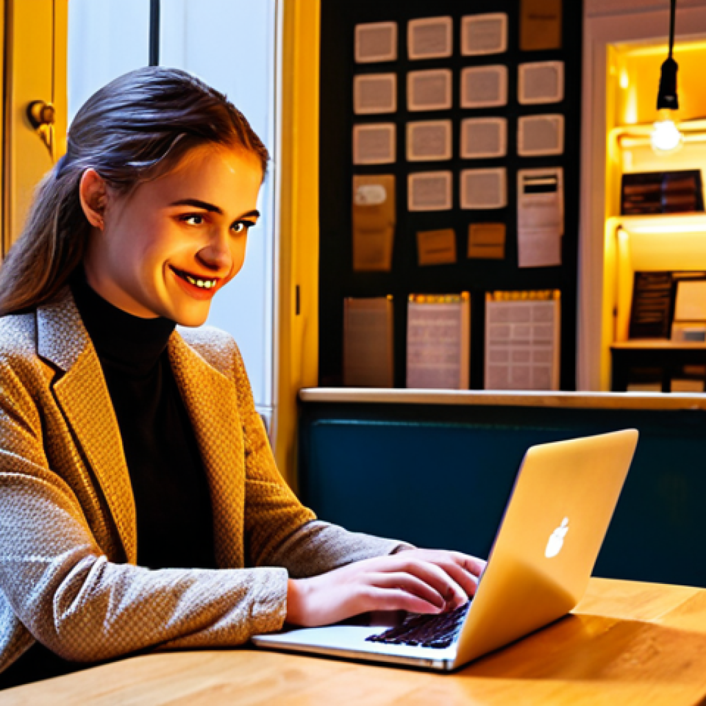 Upskilling for Career Growth**
Prompt: A young, stylish Parisian professional intently focused on a laptop, bathed in the warm glow of a cozy café. Code snippets of Python and JavaScript are subtly visible on the screen. Books on Cybersecurity and Data Analysis are stacked nearby, suggesting continuous learning. She's subtly smiling, radiating confidence and ambition, highlighting the idea of career growth through technical skills. The background features a classic Parisian scene. Style: Realistic, warm lighting, modern professional setting.
**