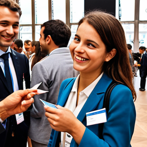 Home 6 **
A vibrant scene depicting a young professional confidently networking at a bustling international business conference in Paris. The individual is exchanging business cards with a diverse group of people, all smiling and engaged in conversation. Focus on capturing the energy and excitement of making connections in a globalized world. The Eiffel Tower is subtly visible in the background.
**