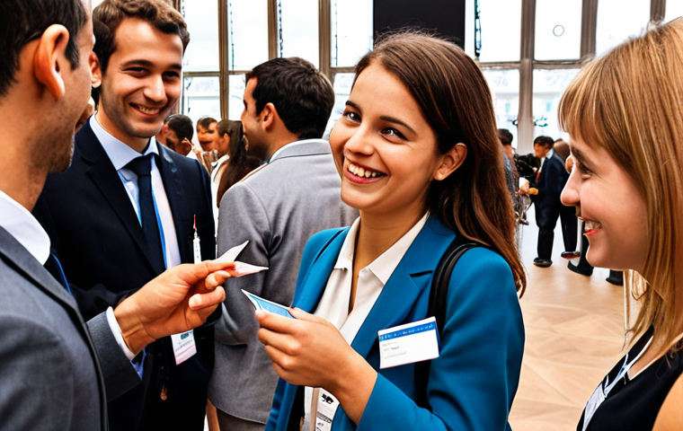 **
A vibrant scene depicting a young professional confidently networking at a bustling international business conference in Paris. The individual is exchanging business cards with a diverse group of people, all smiling and engaged in conversation. Focus on capturing the energy and excitement of making connections in a globalized world. The Eiffel Tower is subtly visible in the background.
**