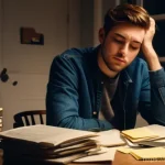 글로벌 비즈니스 자격증 취득을 위한 시간 관리 - **Prompt:** A young professional (25-35 years old, gender-neutral) sits hunched over a cluttered des...