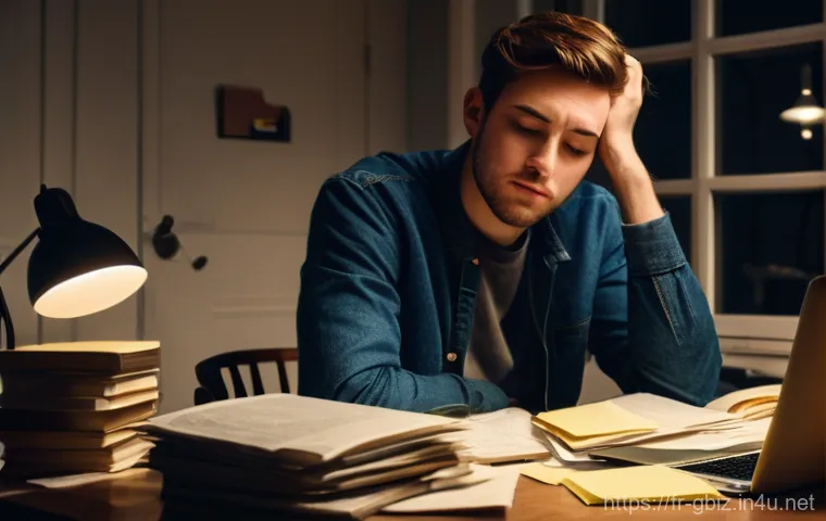 글로벌 비즈니스 자격증 취득을 위한 시간 관리 - **Prompt:** A young professional (25-35 years old, gender-neutral) sits hunched over a cluttered des...