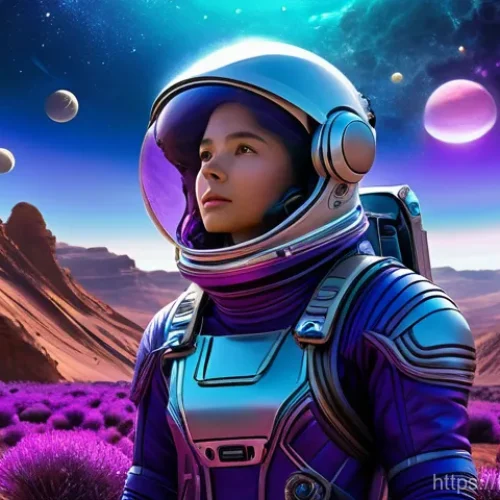 Home 1 글로벌 비즈니스 이직 후 직무 적응 과정 - **Prompt:** A young female astronaut, wearing a full, advanced spacesuit with a transparent helmet, ...