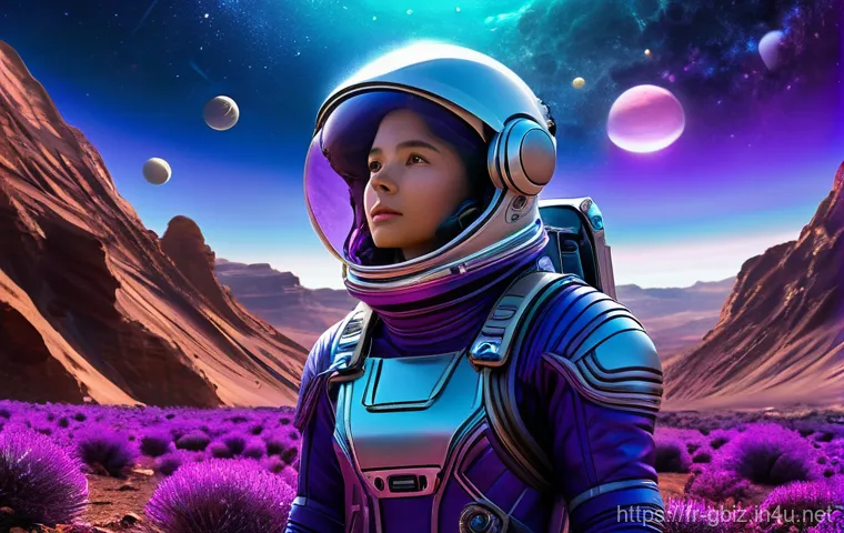 글로벌 비즈니스 이직 후 직무 적응 과정 - **Prompt:** A young female astronaut, wearing a full, advanced spacesuit with a transparent helmet, ...